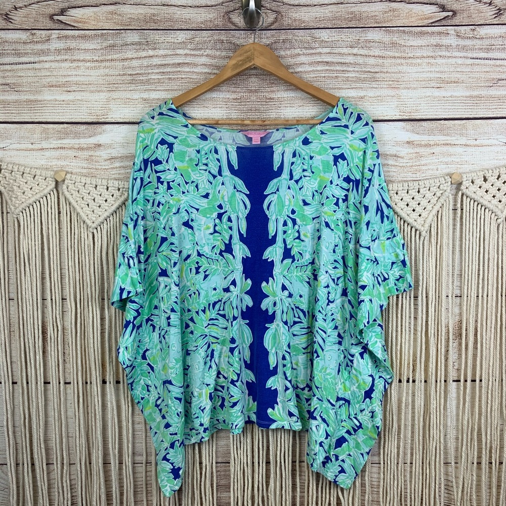 Lilly Pulitzer Blue and Mint Green Floral Ponte Poncho Top